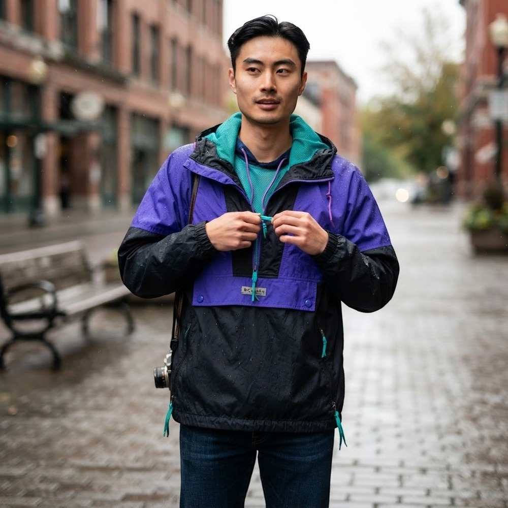 Vintage Columbia Sportswear Anorak Windbreaker Jacket Purple Black Mens Small
